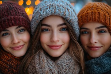 Happy young family taking selfie outdoors in winter under falling snow enjoying quality time together