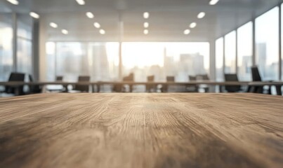 Poster - Polished wooden table surface with a blurred modern office background, large windows, and natural lighting. Perfect for workspace design showcases, product displays, and presentations