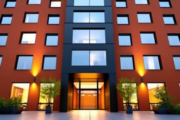 Poster - Tall red building with modern architecture against a blue sky in an urban setting during daylight hours