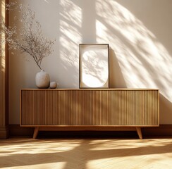Poster - Minimalist Scandinavian Interior with Wooden Sideboard Soft Natural Light and Warm Colors