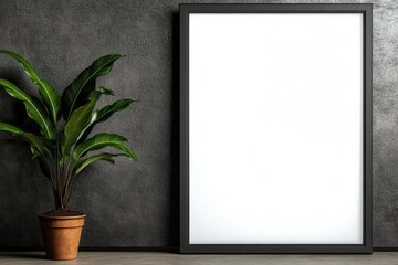 Poster - Blank poster frame on wall with green plant in the corner of a minimalist interior design space