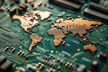 Poster - World map etched onto a circuit board, intricate detail showcasing global connectivity. Illustrates global networking, technology, and interconnectedness.