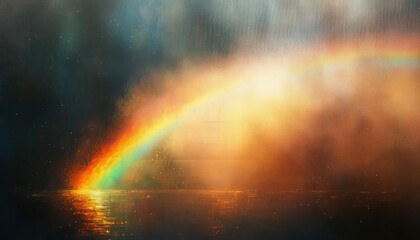 Poster - Dreamy Rainbow Reflection on Dark Surface with Warm Light and Gentle Brushstrokes in Impressionist Style