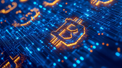 Poster - Illuminated Bitcoin Symbols on Abstract Digital Circuit Background with Blue and Orange Glow Representing Cryptocurrency Technology Innovation