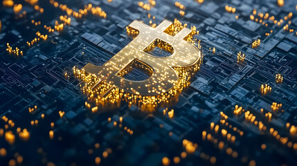 Poster - Golden Bitcoin Symbol Emerges from Digital Matrix Representing Cryptocurrency Concept in Modern Finance World