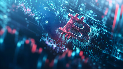 Poster - High-Tech Digital Representation of Bitcoin with Data Streams and Graphical Patterns in Blue and Red Color Palette