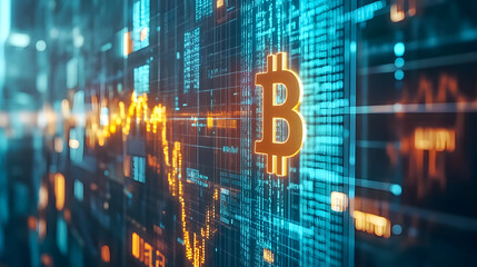 Poster - Digital Representation of Cryptocurrency Market Trends with Bitcoin Symbol Over Data Streams and Financial Graphics in Blue and Orange Colors