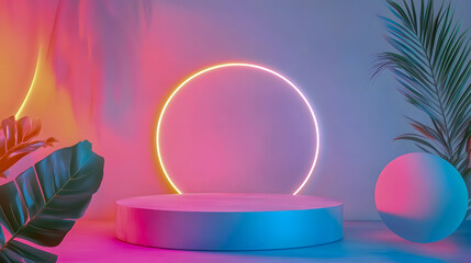 Poster - Bright and Colorful Studio Setup with Neon Light Circle and Tropical Leaves in a Trendy Artistic Space for Photography Background