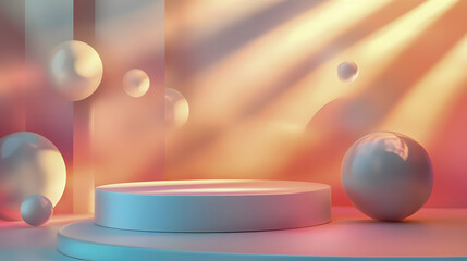Poster - Abstract composition with spheres and round platform in soft pastel colors illuminated by gentle rays of light, creating an ethereal atmosphere