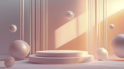 Poster - Serene Minimalist Studio with Geometric Shapes and Soft Light for Creative Background or Display Purposes in Pastel Tones