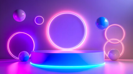 Poster - Abstract futuristic stage with glowing circles and floating spheres in purple and blue light for creative projects and presentations