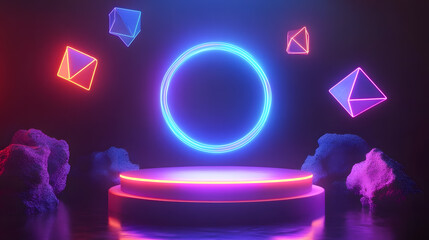 Fototapete - Futuristic Stage with Glowing Geometric Shapes and Neon Elements for Modern Presentation and Digital Art Concepts