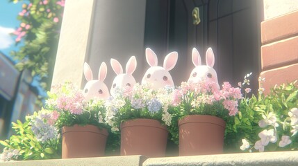 Canvas Print - Adorable Bunny Figurines Adorn Spring Flowers