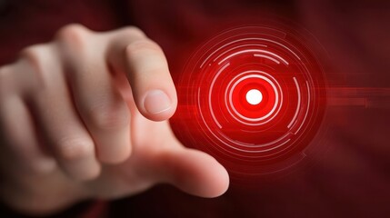 Poster - Hand activating button on vibrant red background, symbol of action, control and digital interaction.