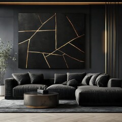 Poster - Sophisticated Geometric Inspired Living Room with Luxurious Dark Palette and Elegant Gold Accents