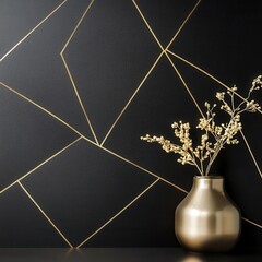 Poster - Minimalist Geometric Patterns with Floral Elements in Elegant Golden Vase on Dark Background