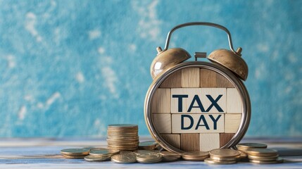 Photograph of TAX DAY text made from wooden blocks with an alarm clock and coins on the table, against a blue sky background.