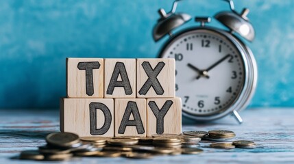 Photograph of TAX DAY text made from wooden blocks with an alarm clock and coins on the table, against a blue sky background.