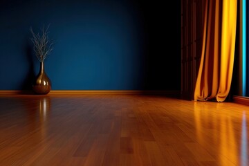 Poster - Vase with green plant on wooden floor in bright natural lighting environment