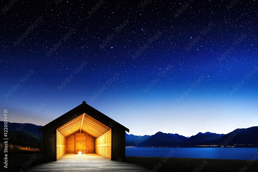 Wooden cabin on a dock at night with calm water and starry sky creating ...
