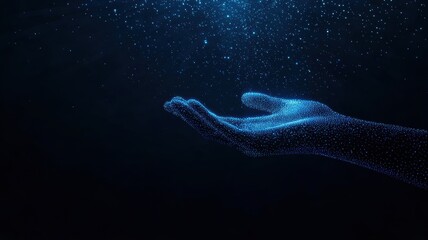 Poster - Abstract Blue Hologram of Floating Hand Created by AI Algorithm in Dark Space