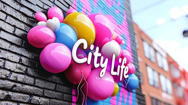Colorful Balloons Adorn Urban Wall Mural, City Life Theme