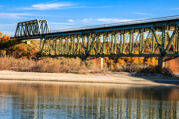 Wall Mural - A bridge spans a river with a green and brown color scheme