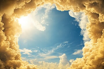 Poster - Blue sky with fluffy clouds and bright sun illuminating the landscape during a clear day