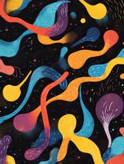 Poster - Abstract colorful fluid shapes on dark background with specks of tiny particles