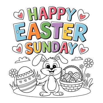 Happy Easter Sunday Coloring Illustration with Bunny, Eggs, and Spring Flowers