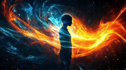 Wall Mural - silhouette of a person engulfed in swirling blue and orange flames, representing duality.