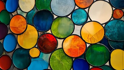 Poster - Vibrant stained glass art exhibit showcasing colorful circular designs in an enchanting display of light. Generative AI
