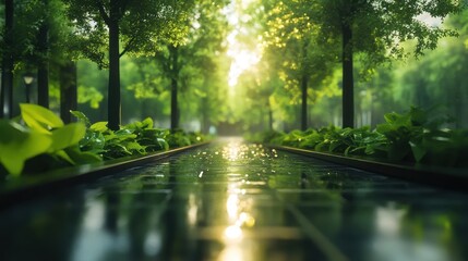 Wall Mural - sunlit path with water feature, lush greenery. ideal for peace, nature, serenity, and tranquility th