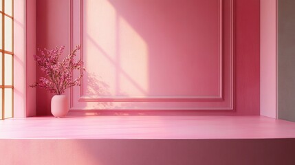 Poster - Minimalist Pink Tabletop with Softly Lit Pastel Wall in Scandinavian Style Interior