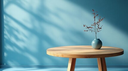 Aufkleber - Round Wooden Table Minimalist Still Life Against Soft Blue Wall with Dramatic Lighting