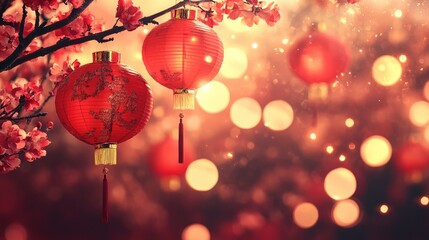 Wall Mural - red lanterns hanging from cherry blossoms with glowing lights create a festive chinese new year ambi