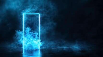 Wall Mural - glowing blue neon frame in smoky dark environment.