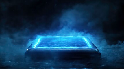 Wall Mural - glowing blue square platform in dark smoky environment.