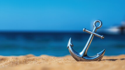 Wall Mural - Gleaming anchor on sandy beach with ocean backdrop