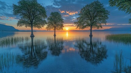 Wall Mural - Sunset lake trees reflection calm peaceful landscape