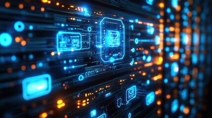 Aufkleber - High Tech Server Room with Cloud Computing Icons and Digital Network Connections for Cybersecurity and Data Storage