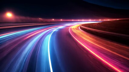 Poster - Vibrant light trails on curved highway at night capturing speed and motion
