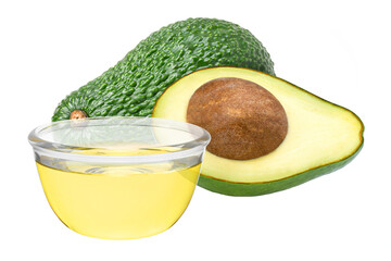 Poster - Avocado oil and fresh avocado fruit isolated on white background.