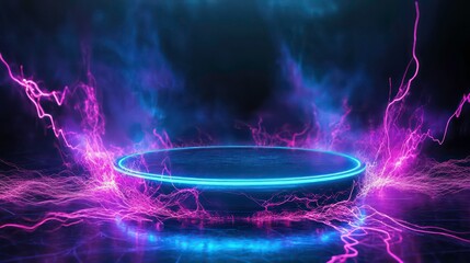 Wall Mural - glowing neon circle platform with purple and blue energy streaks.