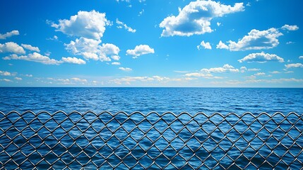 Wall Mural - Blue ocean view with chain-link fence under bright sky, for travel or nature