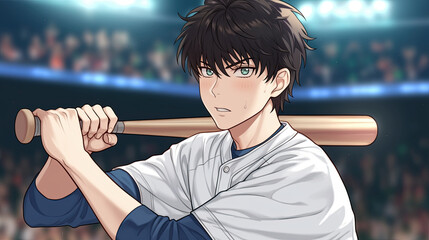 Wall Mural - Baseball player swings bat in front of enthusiastic crowd during a game with an anime-inspired character hitting the ball under stadium lights