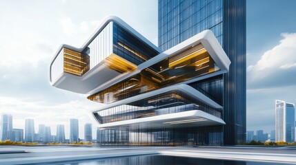 Poster - Futuristic corporate building with modern architectural design and glass facade