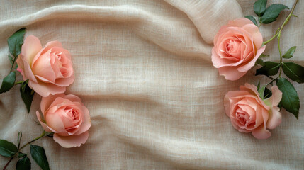 Wall Mural - Soft pink roses arranged on textured fabric background create gentle and elegant flat lay. Perfect for romantic themes or floral designs