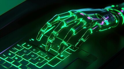 Poster - Robotic Hand Engaging Laptop Keyboard, showcasing advanced technology interaction, emphasizing the fusion of robotics and digital communication in a modern workspace environment
