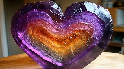 Poster - Purple heart shaped sculpture displayed in a public park with green foliage in the background